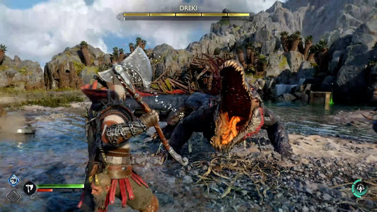 Kratos battling a Dreki with the Leviathan Axe in shallow water during a boss fight in God of War.