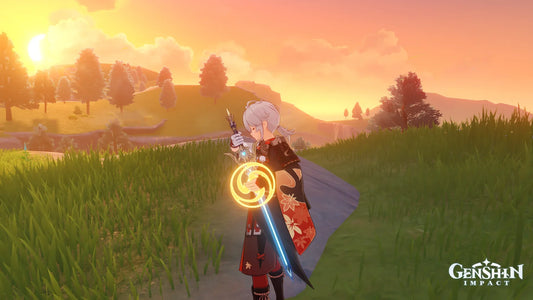 Anime-style swordsman standing in a grassy field at sunset while holding a glowing sword, with rolling hills, trees, and a warm sky in the background.
