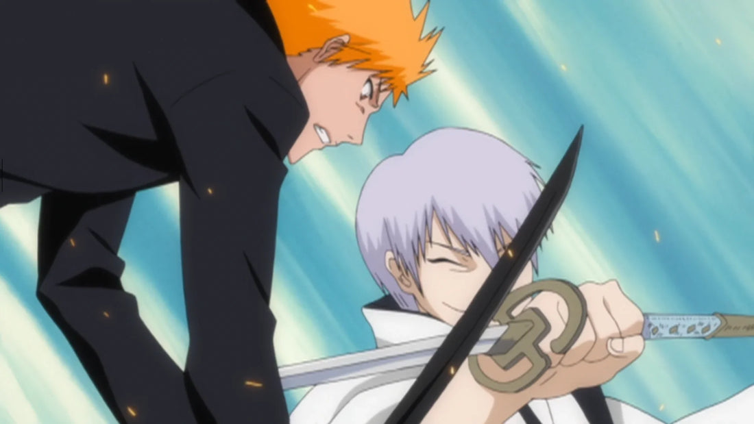 Ichigo Kurosaki clashes with Gin Ichimaru, who deflects Ichigo’s sword with a sly smile using his Zanpakutō, Shinso, during an intense battle in Bleach.