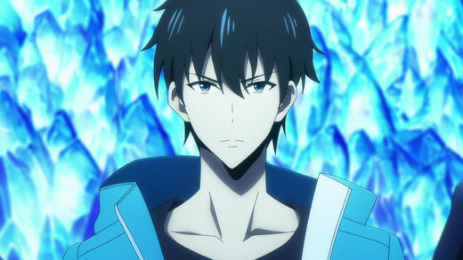 Close-up of an anime character with short black hair and blue eyes, staring forward with a calm, serious expression, standing in front of a glowing blue crystalline or energy-filled background.