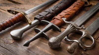 Collection of medieval swords with leather-wrapped handles and ornate guards displayed on a wooden table.