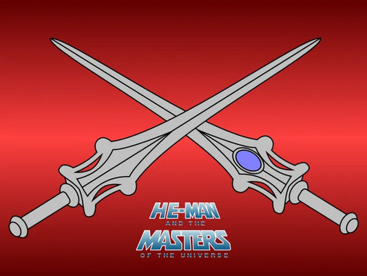 Two Power Swords crossed over a red background with the He-Man and the Masters of the Universe logo beneath them, symbolizing strength and unity.