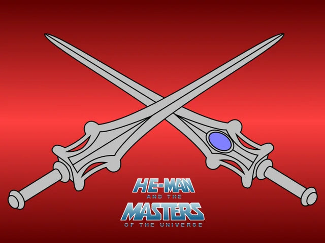 Two Power Swords crossed over a red background with the He-Man and the Masters of the Universe logo beneath them, symbolizing strength and unity.