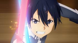 An intense anime character with black hair and determined eyes raises two glowing swords—one red and one blue—in a combat stance. Sparks fly as the blades clash, capturing the energy and urgency of a high-stakes battle scene.