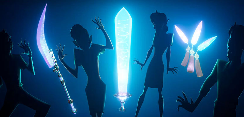 Anime fighters mid-air clash with swords against a blue and fiery background.