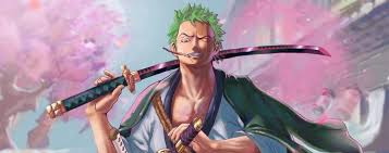 Anime swordsman with green hair holds a katana over his shoulder.