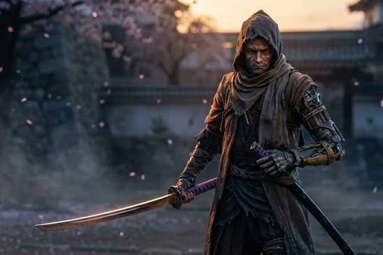 Hooded warrior holding a katana in a misty courtyard at dusk, with cherry blossom petals drifting through the air.