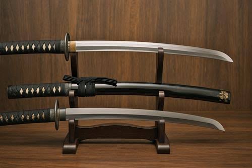 Traditional katana and matching scabbard displayed on a wooden stand, with polished curved blades and black-wrapped handles against a wood-paneled background.