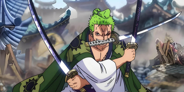 Anime swordsman with three katanas prepares for battle in a ruined setting.
