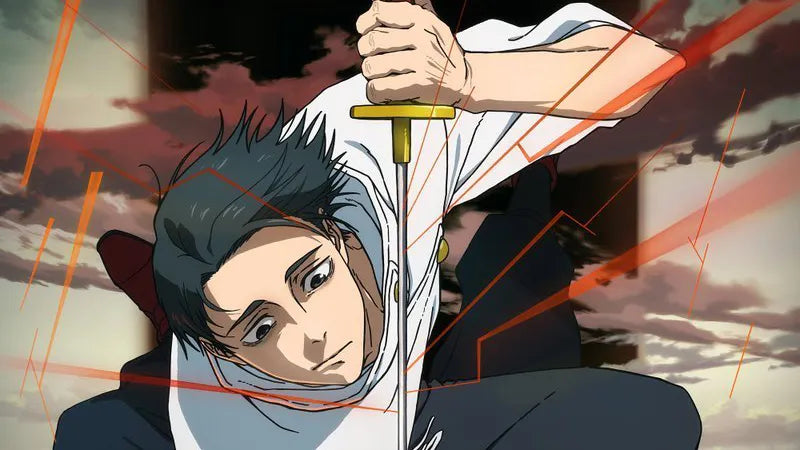 Yuta Okkotsu wielding his katana infused with cursed energy in Jujutsu Kaisen, surrounded by red energy streaks during battle.