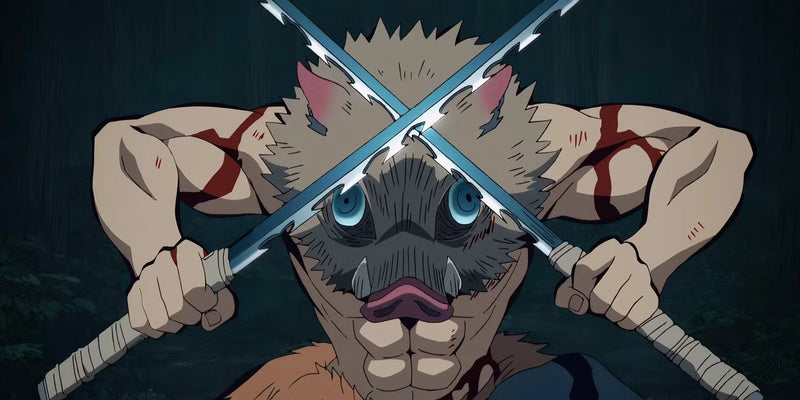 Anime character wearing a boar mask crossing two swords in a battle stance.