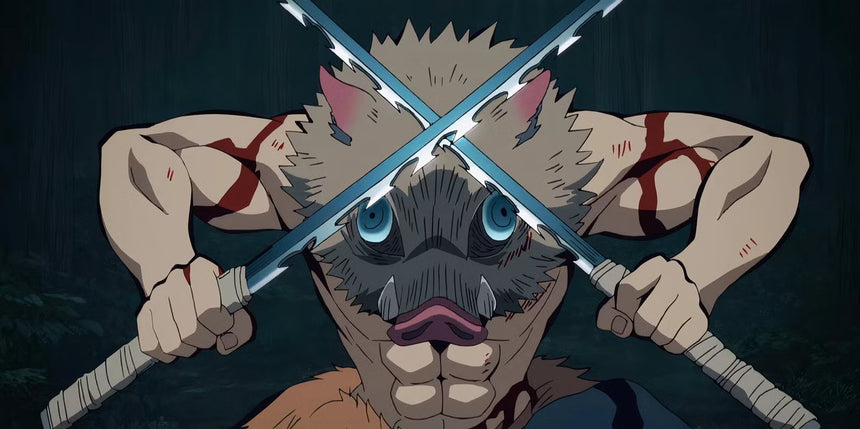 Anime character wearing a boar mask crossing two swords in a battle stance.