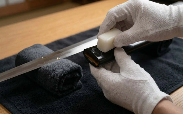 person cleaning katana