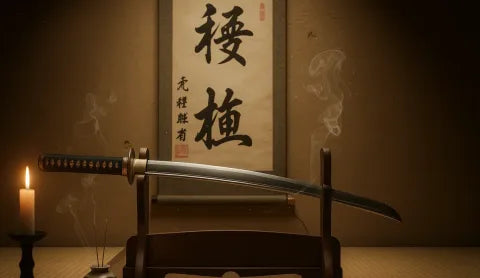 A katana sword displayed on a wooden stand in a traditional Japanese room, with a calligraphy scroll, candlelight, and incense smoke in the background.