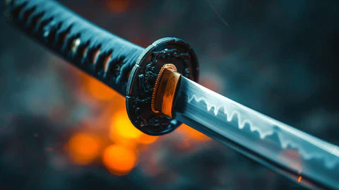 Katana sword with a patterned blade and black handle glowing against a fiery background.