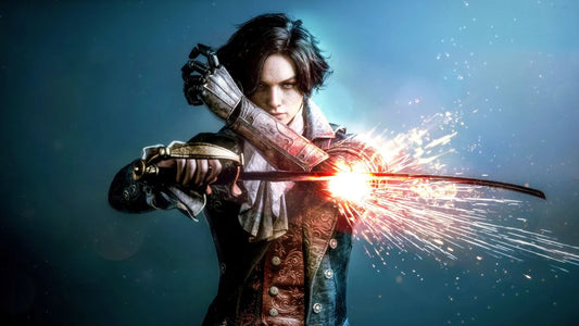 Lies of P protagonist holding a sword against his mechanical arm as sparks fly from the blade, dark blue background