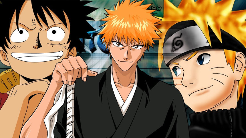 Luffy from One Piece, Ichigo from Bleach, and Naruto from Naruto representing the original Big 3 anime era.