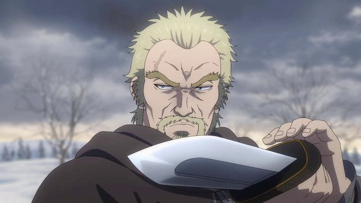 A stern blond warrior grips a short blade close to his face, his intense gaze fixed forward against a cold, snowy backdrop.