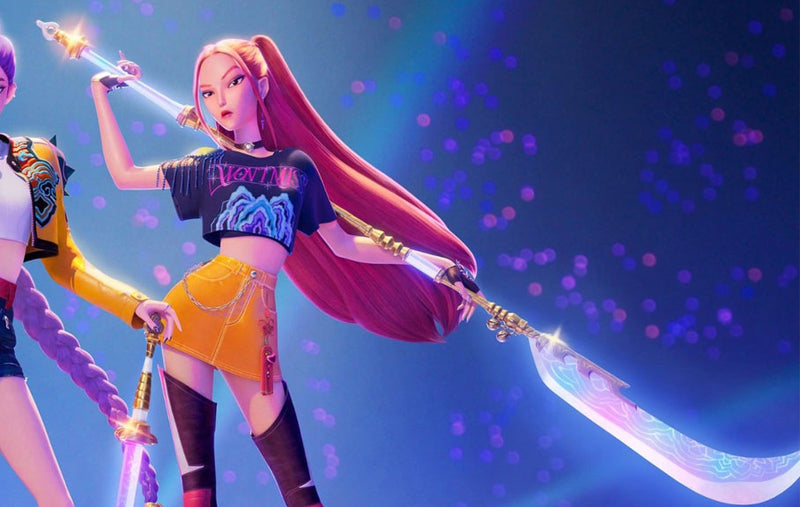 Stylized animated girl with long pink hair holding a glowing, ornate sword, wearing a black crop top and orange skirt, posed against a colorful, neon-lit background.