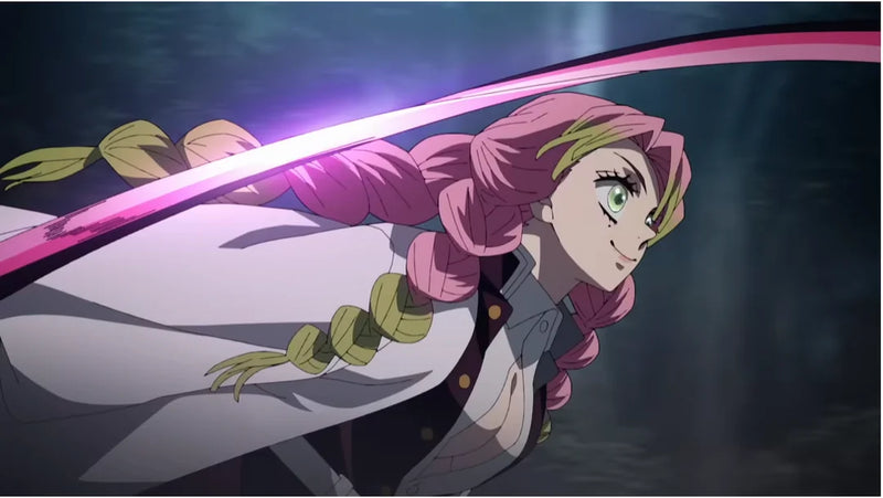 Anime swordswoman dashes forward with a glowing pink blade.