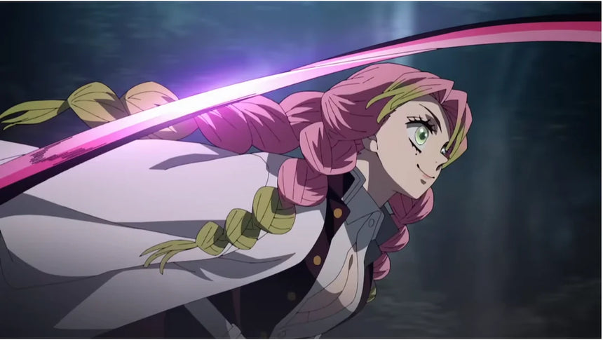 Anime swordswoman dashes forward with a glowing pink blade.