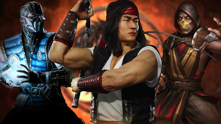 Mortal Kombat characters Sub Zero, Liu Kang, and Scorpion standing together, with Sub Zero using ice powers, Liu Kang holding nunchaku, and Scorpion gripping his chained spear against a fiery background.