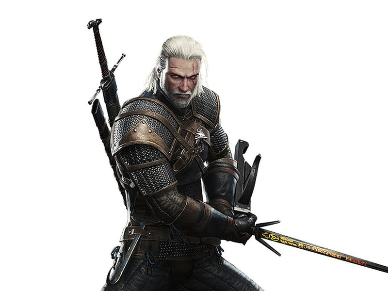 White-haired armored warrior holds a sword in a combat stance.