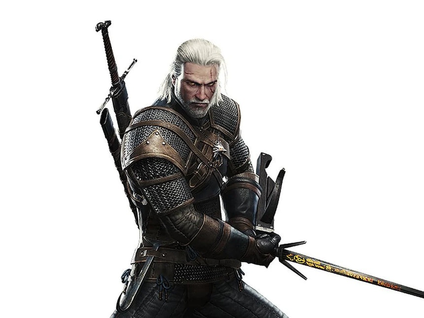 White-haired armored warrior holds a sword in a combat stance.