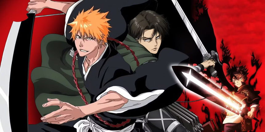 Anime image of three sword fighters against a red background, with an orange-haired fighter in front swinging a large blade, a dark-haired swordsman behind him, and a smaller figure holding a glowing sword.