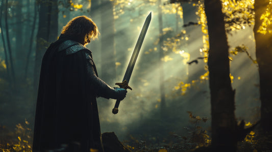 Medieval warrior in a forest holding a longsword, bathed in golden sunlight streaming through the trees.