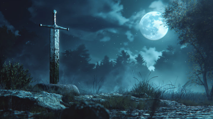 A weathered greatsword stands embedded in a stone amidst a moonlit forest clearing. Surrounded by mist, wild grass, and distant trees, the scene is bathed in a cool blue hue under a glowing full moon, evoking a sense of mystery and ancient legend.