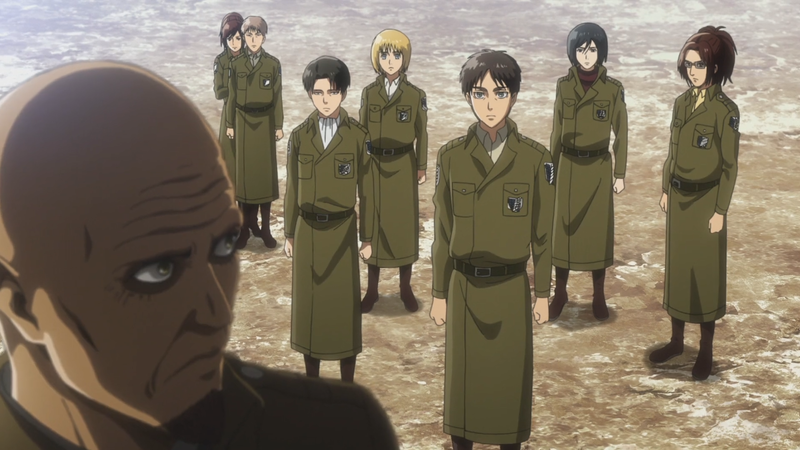 Anime soldiers in uniform stand in formation facing a stern older officer in the foreground.