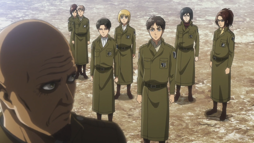Anime soldiers in uniform stand in formation facing a stern older officer in the foreground.