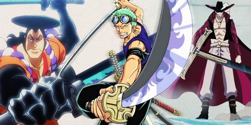 Anime swordsmen standing together, featuring three distinct fighters with unique weapons and styles against a dramatic background.