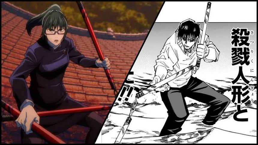 "Anime and manga comparison of Maki Zenin and Yuta Okkotsu wielding the red three-section staff Playful Cloud in Jujutsu Kaisen."