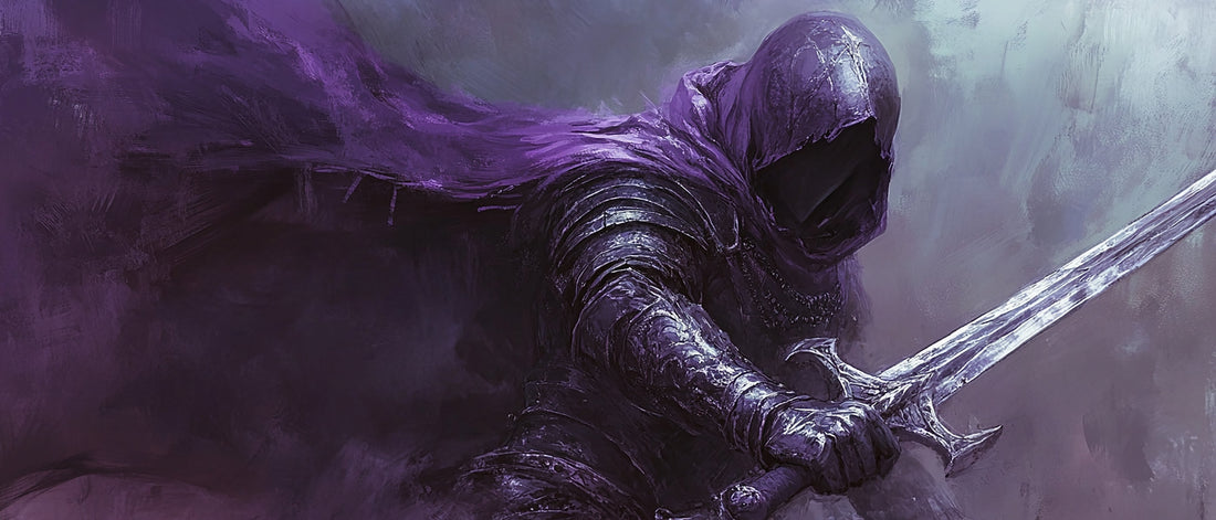 Dark armored warrior in a hooded cloak wielding a glowing greatsword, surrounded by swirling mist and shadowy energy.
