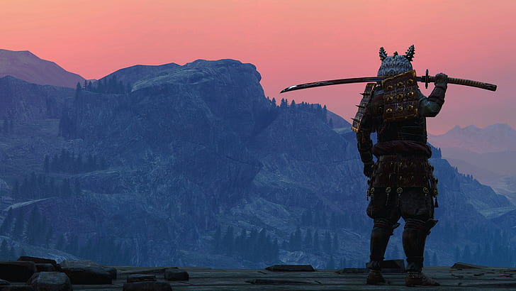 "Samurai warrior in full armor holding a katana, standing on a cliff overlooking mountains at sunset."