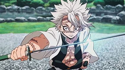 Sanemi Shinazugawa with wild white hair and battle scars, gripping his sword in a fierce stance during combat.