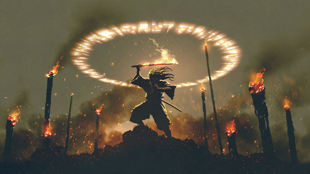 Man holding a flaming katana with a ring of fire above him