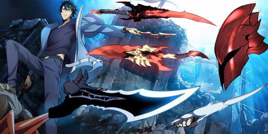 Sung Jin-Woo from Solo Leveling stands confidently with multiple glowing weapons and a crimson shield floating around him, showcasing his formidable shadow powers in an underwater dungeon setting.