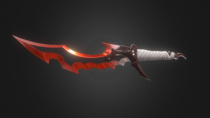 A stylized red fantasy dagger with a curved, jagged blade that emits a faint glow, a dark ornate guard, and a white wrapped handle set against a dark gradient background