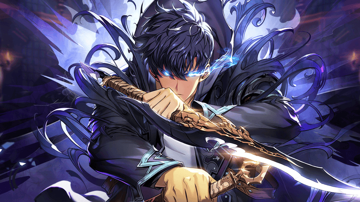 Sung Jin-Woo holding dual daggers with glowing blue eyes and shadow aura in Solo Leveling