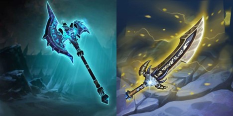 Side-by-side fantasy weapons featuring a glowing blue battle axe on the left and a radiant gold sword with runic engravings on the right, both set in dark, icy environments.