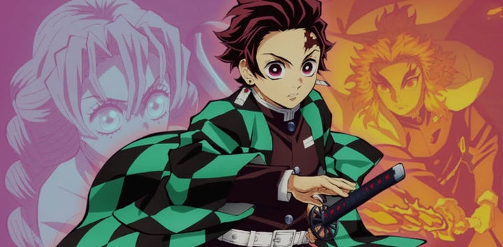 Anime artwork of Tanjiro Kamado holding his katana, with faded images of Mitsuri Kanroji and Kyojuro Rengoku in the background.