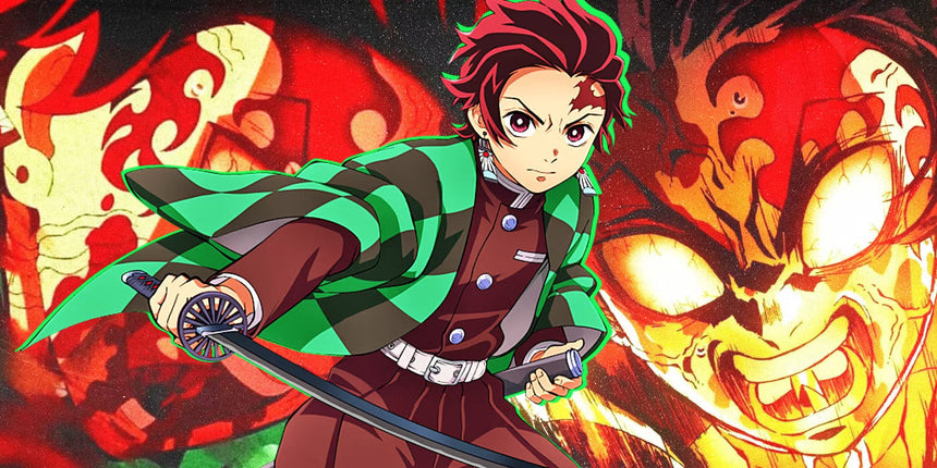 Tanjiro with katana and flames behind him