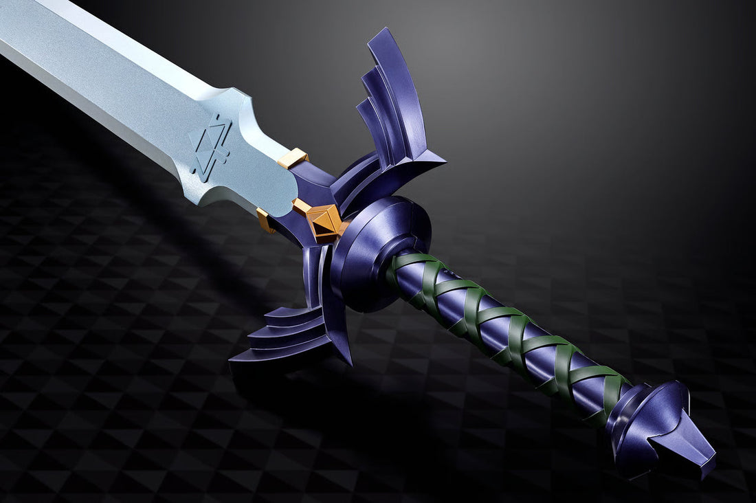 Fantasy sword with a glowing blue blade, ornate purple and gold crossguard, and a green-wrapped hilt displayed on a dark checkered background.