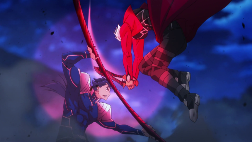 Two anime warriors clash midair in an intense battle scene. A red-clad fighter swings a glowing crimson spear downward while a blue-armored opponent blocks the strike against a dramatic night sky backdrop.