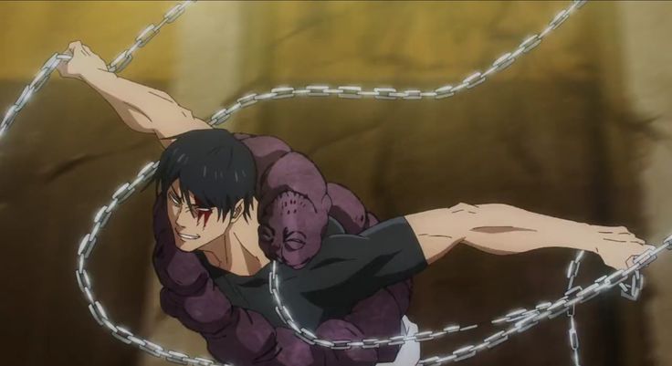 Toji Fushiguro swinging chain weapon during intense fight scene in Jujutsu Kaisen