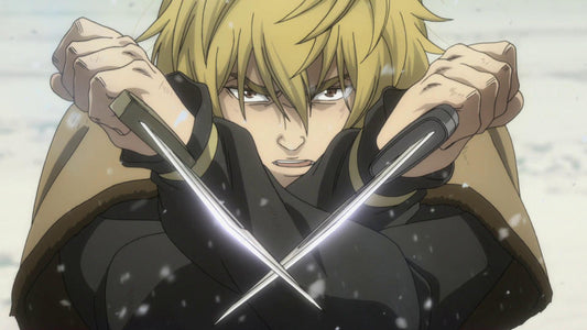 Blond anime character with intense expression crossing two daggers in front of his face while snow falls around him.