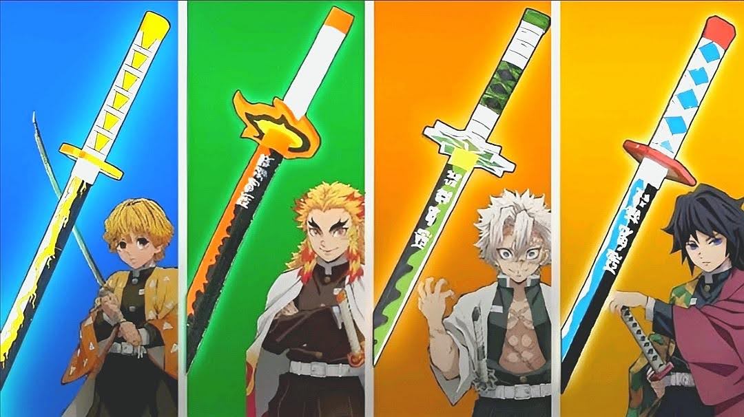 Demon slayer characters side by side with their katanas